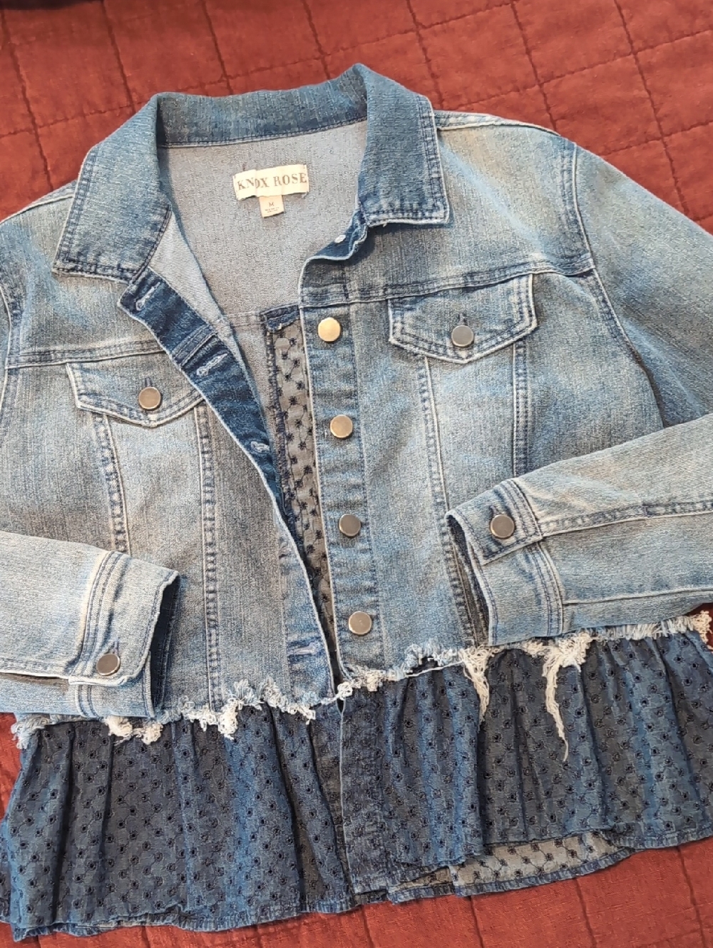 Knox Rose Denim Jacket with Navy Eyelet Ruffle Hem